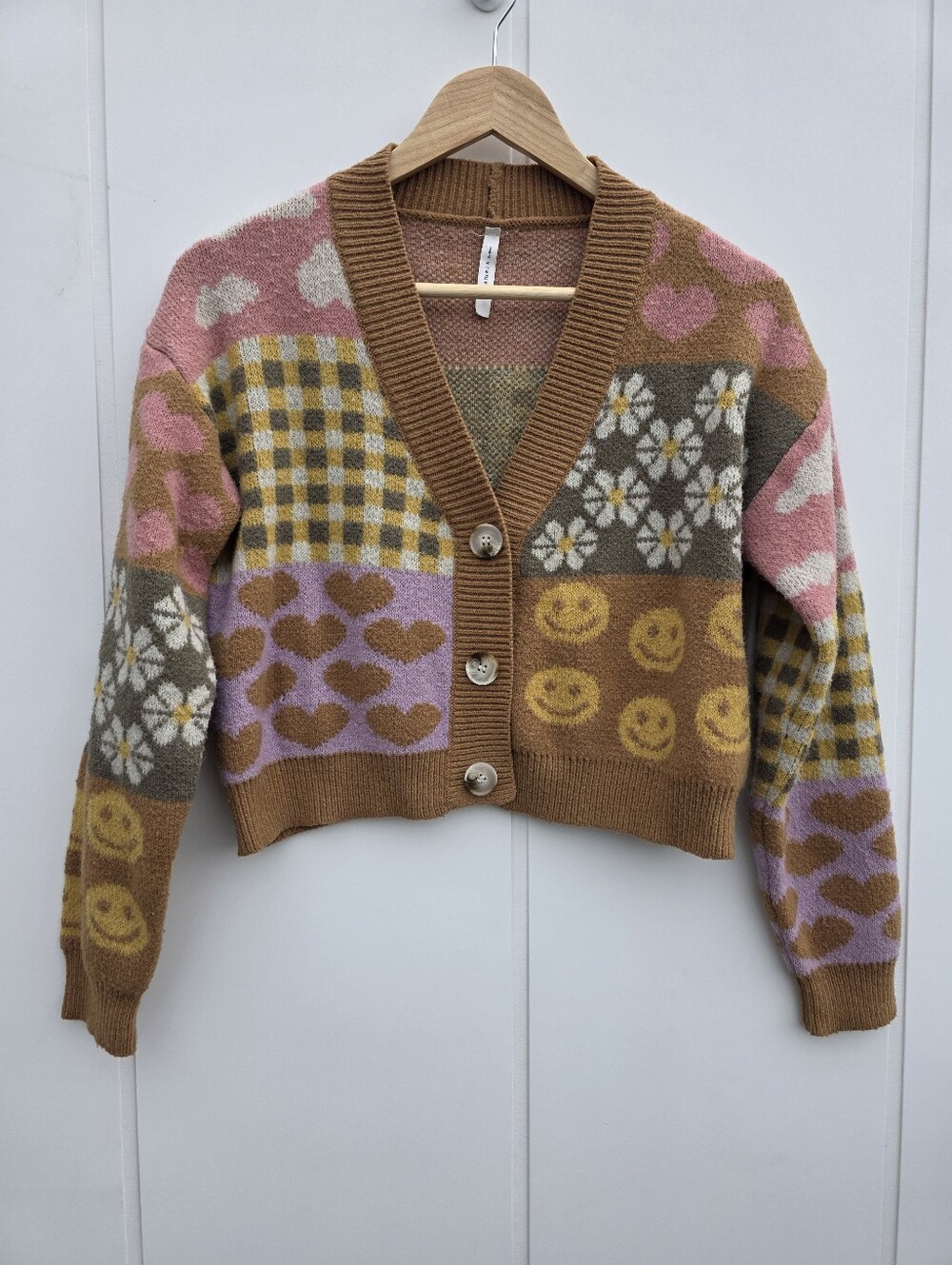 Dreamers by Debut Cropped Patchwork Cardigan Brown Pink Medium